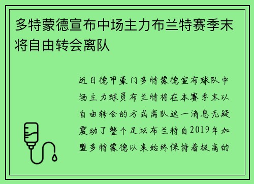 多特蒙德宣布中场主力布兰特赛季末将自由转会离队 多特蒙德宣布中场主力布兰特赛季末将自由转会离队